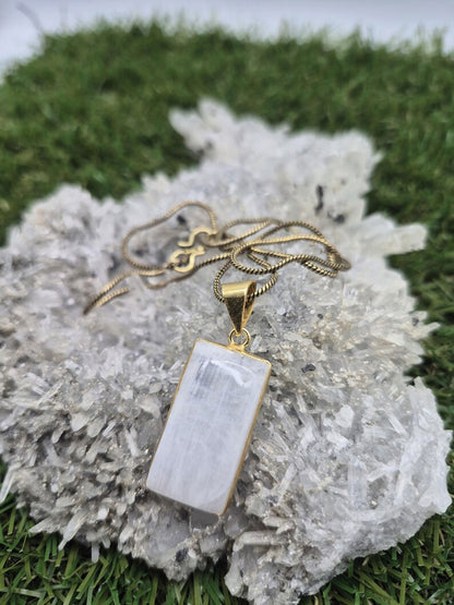 Rectangular Selenite Pendant on Gold Snake Chain | Modern
