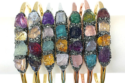 Adjustable Handmade Wire Wrapped Brass Bangle Size 10To15MM Raw Shape Multi Hydro Quartz Gemstone Bezel Set Bangle For Happy Birthday Gift For Women