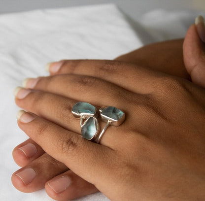 925 Sterling Silver Gold Plated Gemstone Rings Three Stone Ring 8X12MM Handmade Aquamarine Stone Raw Shape Bezel Set Ring For Her Jewelry