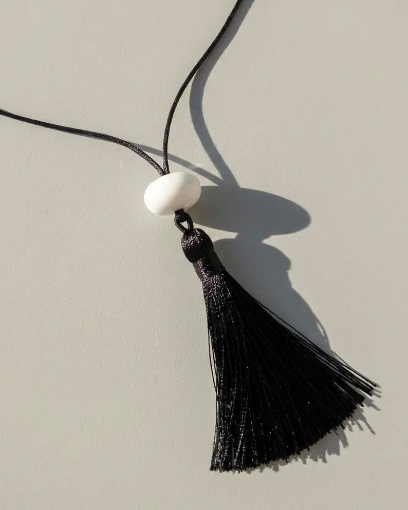 Black Tassel Necklace with White Bead | Handmade Jewelry