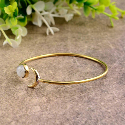 Gold Moon & Star Bangle - Moonstone Celestial Bracelet