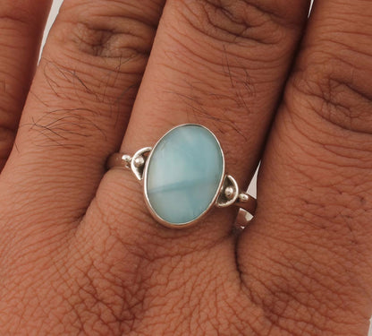 Handmade Sterling Silver Rings 10X12MM Oval Shaped Larimar Gemstone Bezel Setting For Anniversary Gift Women or Men Jewelry For Her