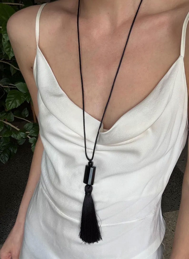 Black Tassel Necklace with Square Bead | Handmade Jewelry