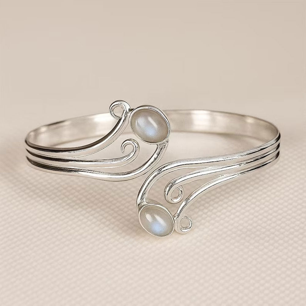 Silver Wave Cuff Bracelet with Blue Moonstone Cabochons