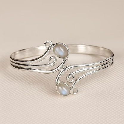 Silver Wave Cuff Bracelet with Blue Moonstone Cabochons