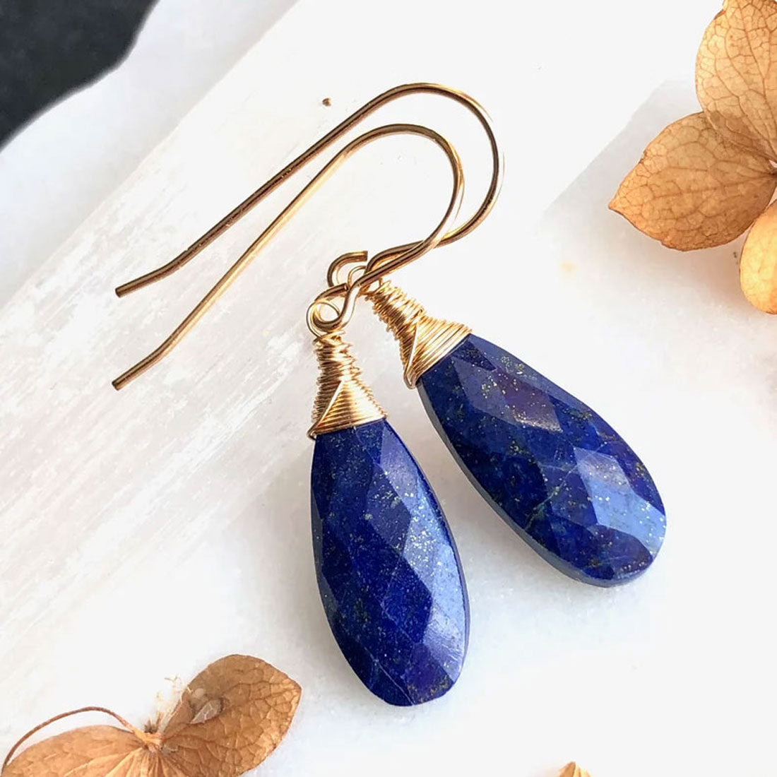 Lapis Lazuli Gold Plated Wire Wrapped Drop Earrings | Handmade