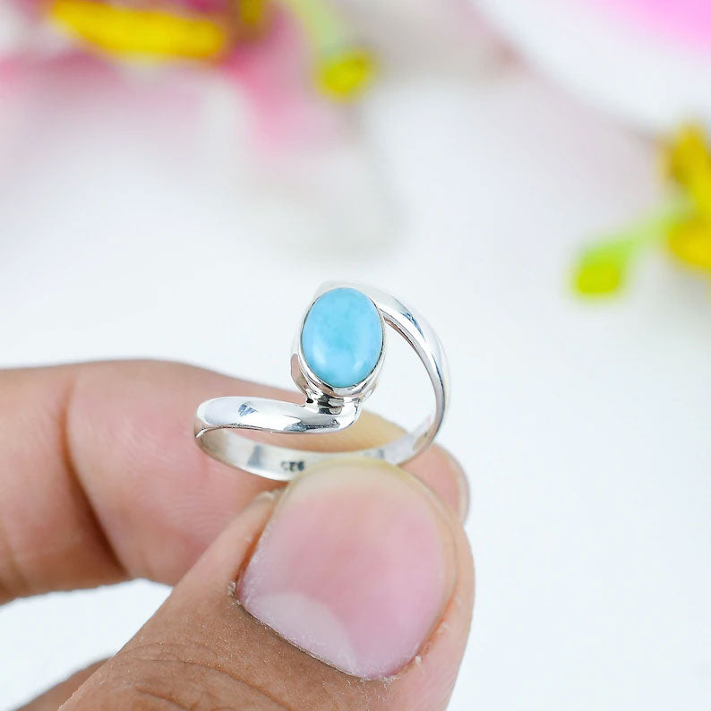 2025 Trendy Sterling Silver Rings 8X10MM Oval Shaped Larimar Gemstone Bezel Setting For Anniversary Gift Women or Men Jewelry For Her