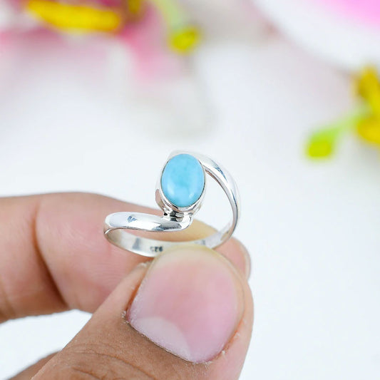 2025 Trendy Sterling Silver Rings 8X10MM Oval Shaped Larimar Gemstone Bezel Setting For Anniversary Gift Women or Men Jewelry For Her