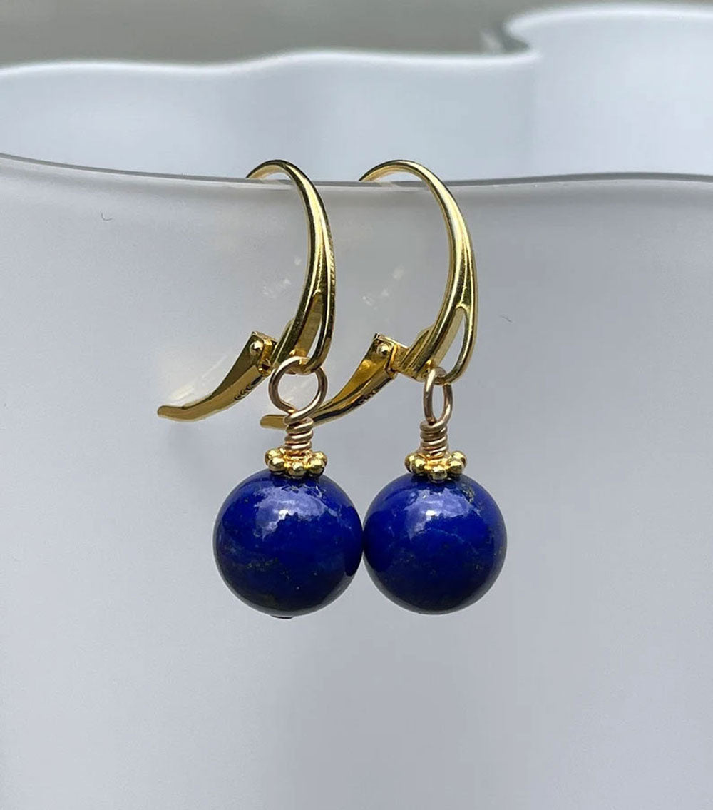 Lapis Lazuli Beaded Gold Plated Hook Earrings | Handmade