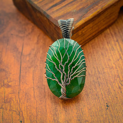 Trendy Handmade Copper Bezel With Tree Wire Wrapped Pendant Oval Shape 25To30MM Emerald Quartz Gemstone Pendant For Happy Birthday Gift's