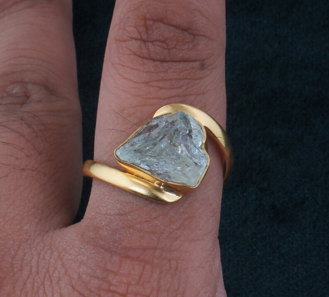 925 Sterling Silver Gold Plated Gemstone Rings 8To12MM Handmade Aquamarine Stone Raw Shape Bezel Set Ring For Her Jewelry