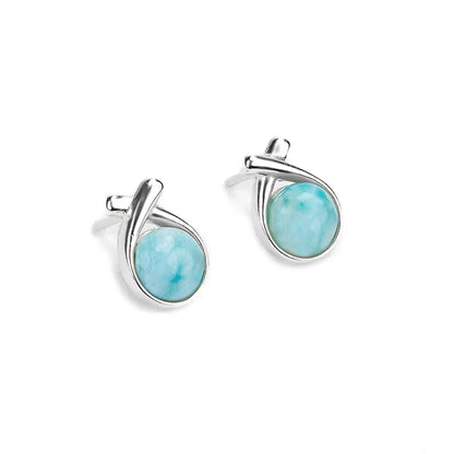 Natural Larimar Gemstone Brass Stud Earrings Handmade