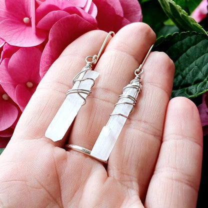 Handmade Metal Wire Wrapped Dangle Pair Earrings Selenite Gemstone Stone Size 15To20MM Pencil Shape Wire Wrapped Setting Earring Foe Women's Gift Jewelry