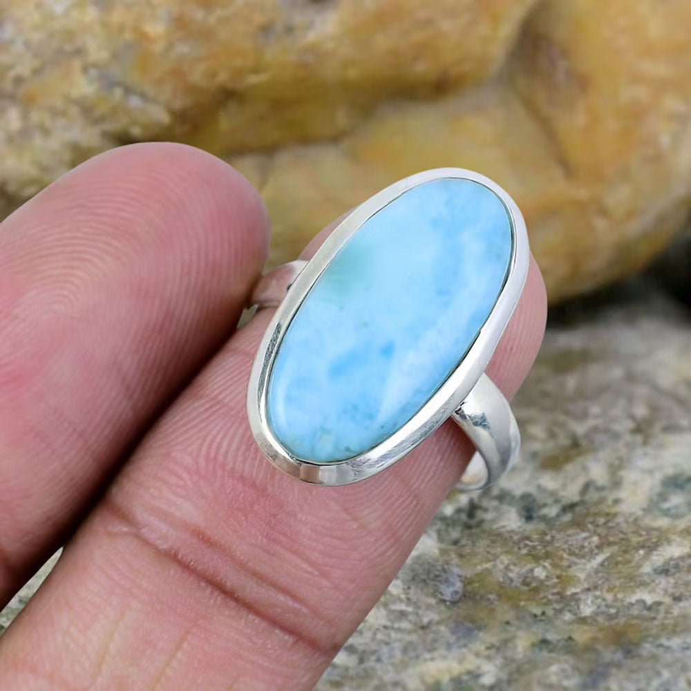 2025 Trendy Crafted By Hand Sterling Silver Rings 10X14MM Oval Shaped Larimar Gemstone Bezel Setting For Anniversary Gift Women or Men Jewelry For Her