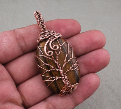 Handmade Copper Bezel With Tree Wire Wrapped Pendant Oval Shape 25To30MM Tiger Eye Stone Pendant For Happy Birthday Gift's