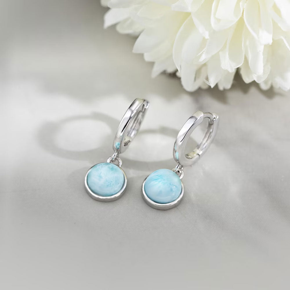 2025 Trendy Crafted By Hand Sterling Silver Pair Earring 10MM Round Shaped Larimar Gemstone Bezel Setting For Anniversary Gift Women or Men Jewelry For Her