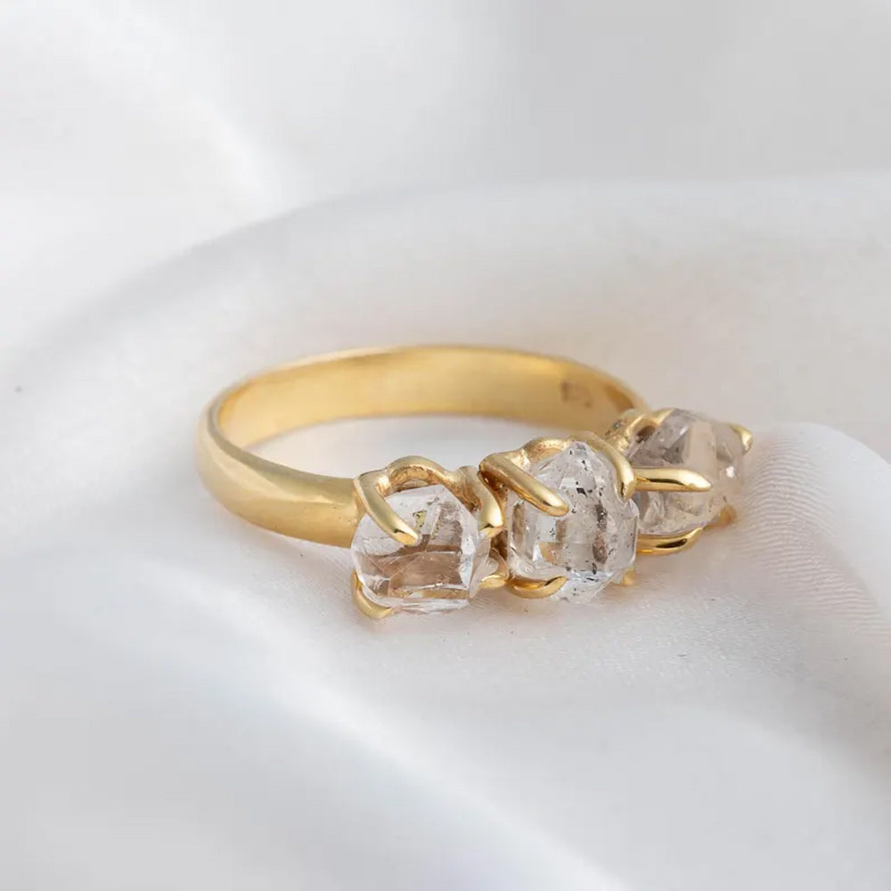 Trendy 925 Sterling Silver Gold Plated Gems Rings 8To10MM Handmade Harkimar Stone Diamond Stone Shape Bezel Set Ring For Her Jewelry