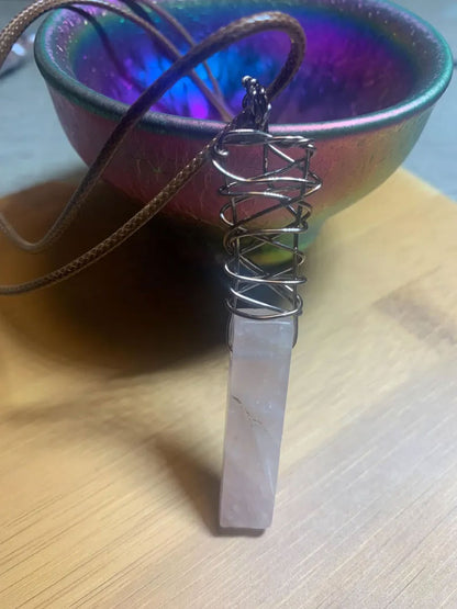 Rose Quartz Bar Pendant | Silver Wire Wrapped Necklace