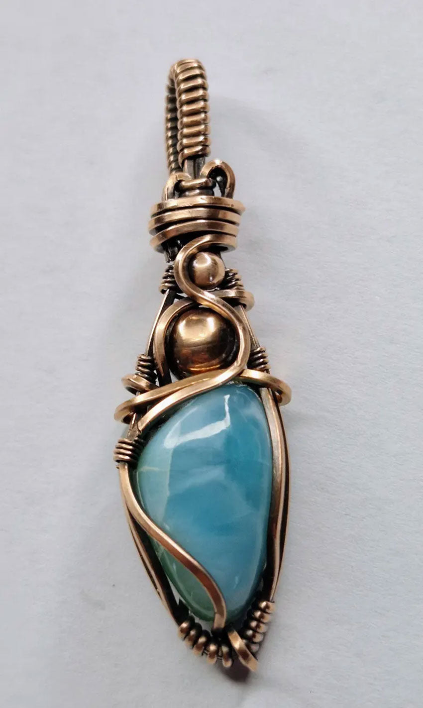 Larimar Gemstone Copper Wire Wrapped Pendant Handmade