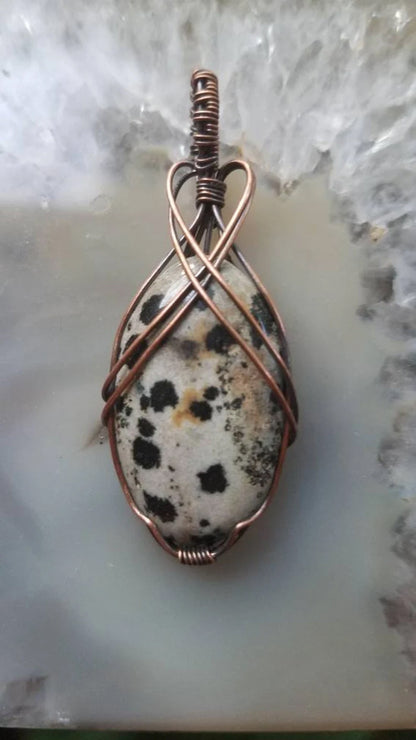 Handmade Copper Bezel With Wire Wrapped Pendant Oval Shape 25To30MM Dalmatian Stone Pendant For Happy Birthday Gift's