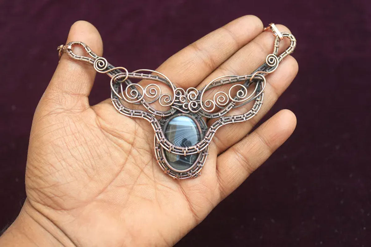 Handmade Wire Wrapped Brass Necklace Stone Size 25To30MM Oval Shape Sardonyx Bezel Set Necklace For Happy Birthday Gift For Women