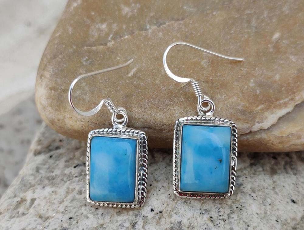 2025 Trendy Crafted By Hand Sterling Silver Pair Earring 8X10MM Rectangle Shaped Larimar Gemstone Bezel Setting For Anniversary Gift Women or Men Jewelry For Her