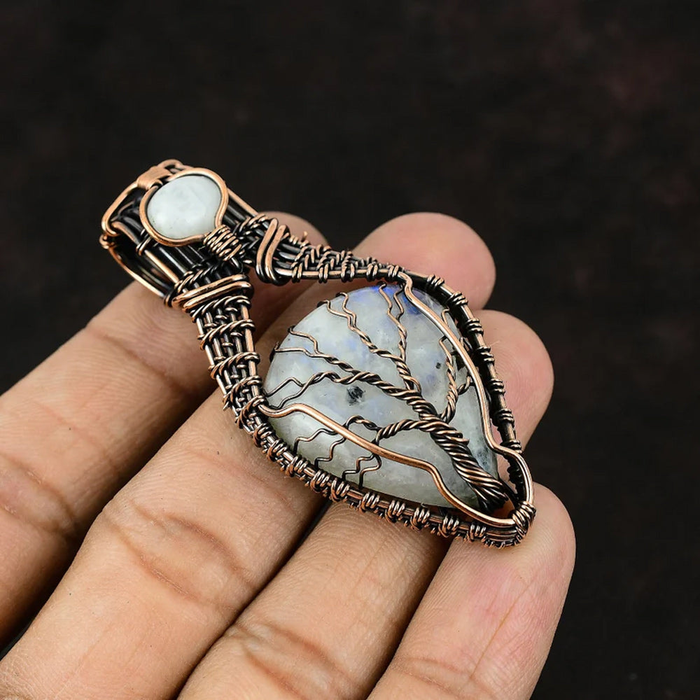 Handmade Copper/Brass Bezel With Tree Wire Wrapped Pendant Pear Shape 25To30MM Rainbow Moonstone Pendant For Happy Birthday Gift's