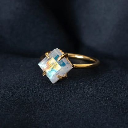 Trendy 925 Sterling Silver Gold Plated Gems Rings 10MM Handmade Rainbow Moonstone Square Octagon Shape Prong Set Ring For Her Jewelry