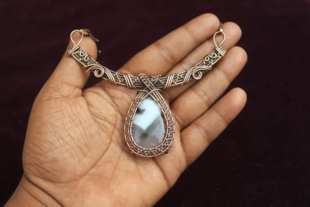 Handmade Wire Wrapped Brass Necklace Stone Size 25To30MM Pear Shape White Onyx Stone Bezel Set Necklace For Happy Birthday Gift For Women