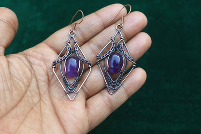 Handmade Metal Wire Wrapped Dangle Pair Earrings Amethyst Gemstone Stone Size 8To10MM Oval Shape Wire Wrapped Setting Earring Foe Women's Gift Jewelry