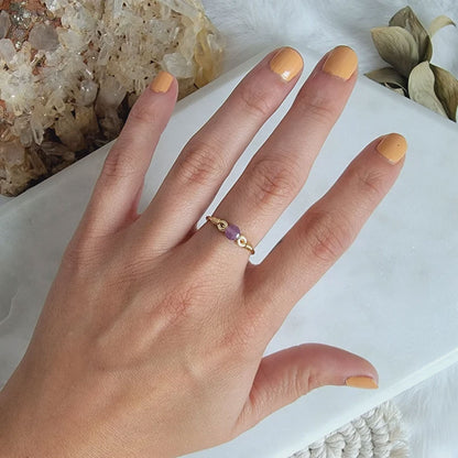 Gold Wire-Wrapped Amethyst Bead Ring - Dainty Jewelry