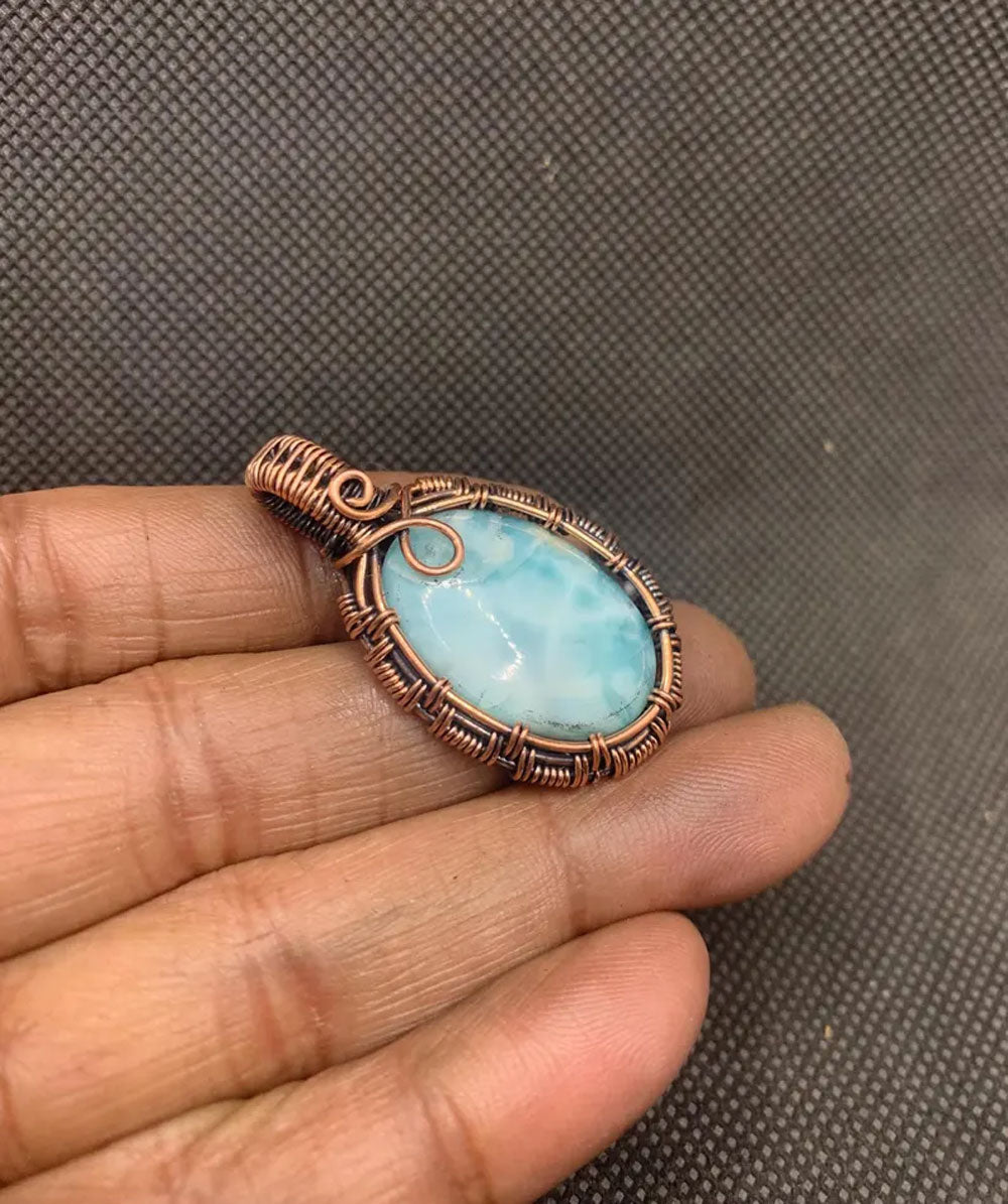 Natural Larimar Gemstone Handmade Copper Pendant