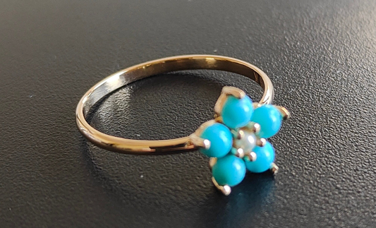 Crafted By Hand Sterling Silver Gold Plated Smart Ring 5MM With Flower Shaped Turquoise Beads Gemstone Prong Set For Anniversary Gift Women or Men Jewelry
