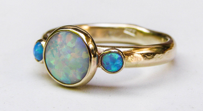 Crafted By Hand Sterling Silver Gold Plated Fine Ring 8X10MM With 2X4MM Round Shaped Ethiopian Opal Gemstone Bezel Set For Anniversary Gift Women or Men Jewelry