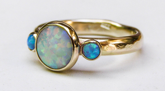 Crafted By Hand Sterling Silver Gold Plated Fine Ring 8X10MM With 2X4MM Round Shaped Ethiopian Opal Gemstone Bezel Set For Anniversary Gift Women or Men Jewelry