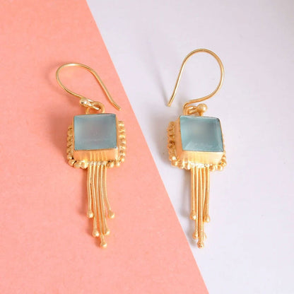 Designer Gold Plated Square Blue Chalcedony Fringe Earrings