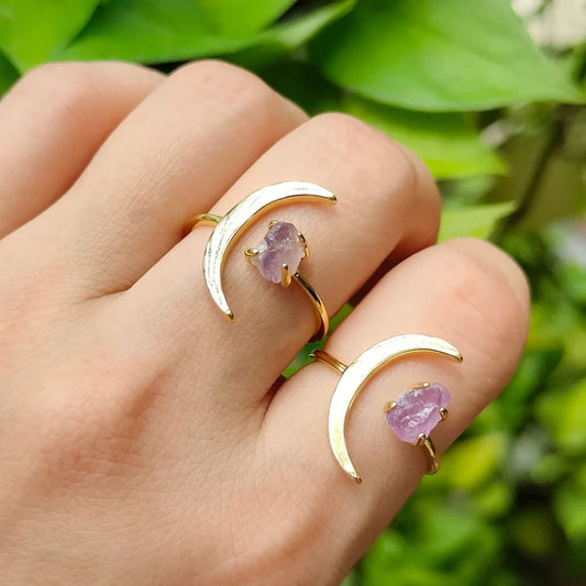 Trendy 2025 Half Moon Shape 15mm 925 Sterling Silver Gold Plated Ring With Amethyst Raw Gemstone Crafted By Hand Jewelry Fine Ring Prong Setting For Anniversary Gift's Women or Men Jewelry For Her