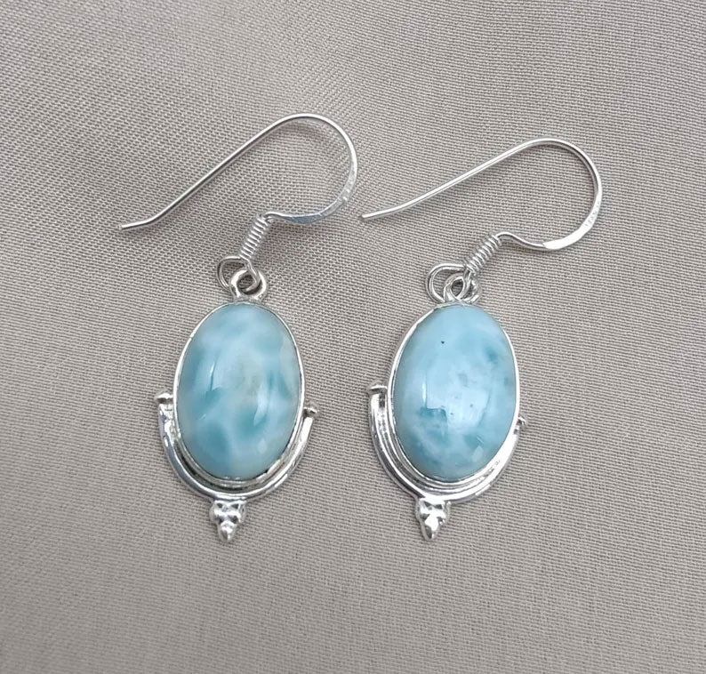 2025 Trendy Sterling Silver Dangle Pair Earring 10X14MM Oval Shaped Larimar Gemstone Bezel Setting For Anniversary Gift Women or Men Jewelry For Her