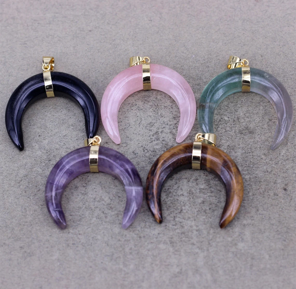 OX-Horn Pendant Natural Crescent Moon Pendants 12mm Natural Multi Color Gemstone 925 Sterling Silver Bezel Set Anniversary Gift's Women or Men Jewelry For Her