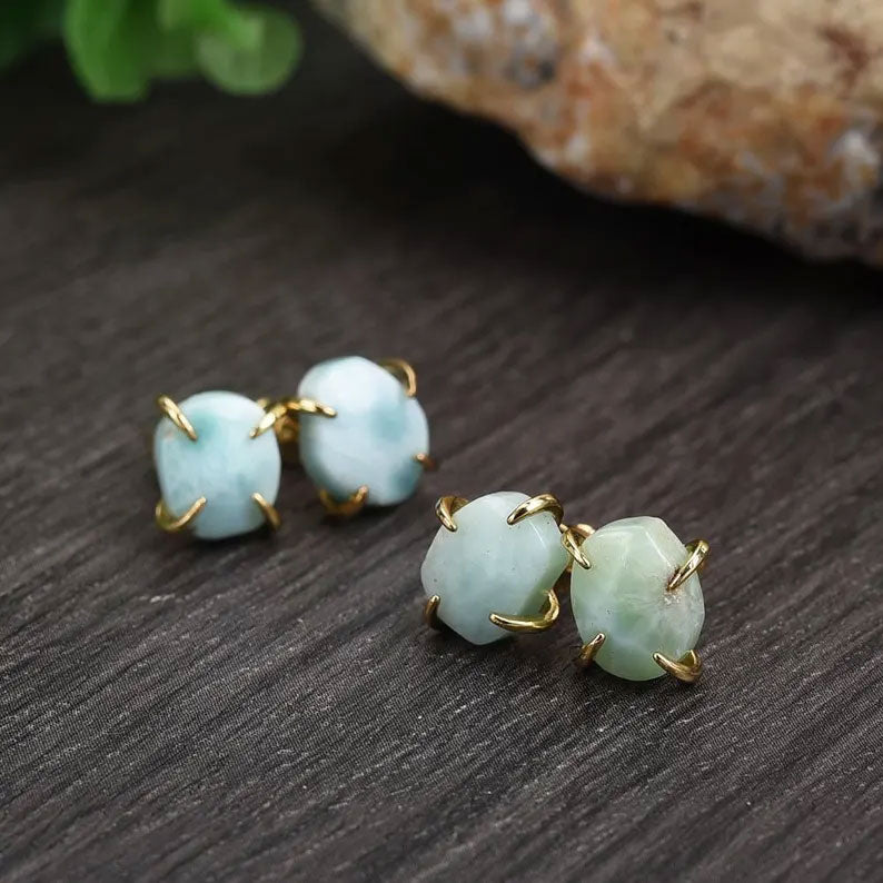 2025 Trendy Sterling Silver Stud Pair Earring 8X10MM Unione Shaped Larimar Gemstone Bezel Setting For Anniversary Gift Women or Men Jewelry For Her