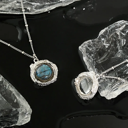 Silver Necklace Oval Shape Labradorite Natural Stone 15–20MM