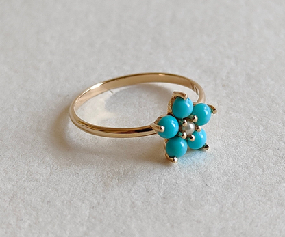 Crafted By Hand Sterling Silver Gold Plated Smart Ring 5MM With Flower Shaped Turquoise Beads Gemstone Prong Set For Anniversary Gift Women or Men Jewelry