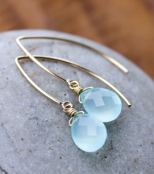 Blue Chalcedony Wire Wrapped Gold Plated Drop Earrings | Handmade