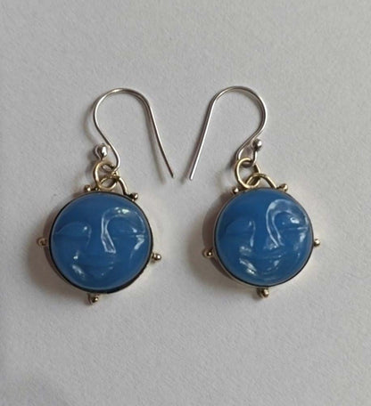 Blue chalcedony, full moon face, 10mm, dangle bezel set, silver