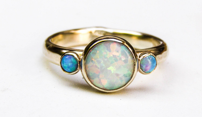 Crafted By Hand Sterling Silver Gold Plated Fine Ring 8X10MM With 2X4MM Round Shaped Ethiopian Opal Gemstone Bezel Set For Anniversary Gift Women or Men Jewelry