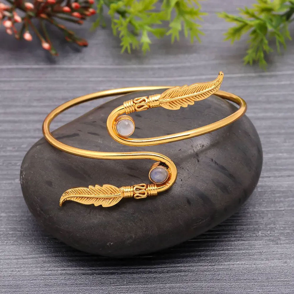 Boho Gold Feather Bypass Bangle with Moonstone Accents