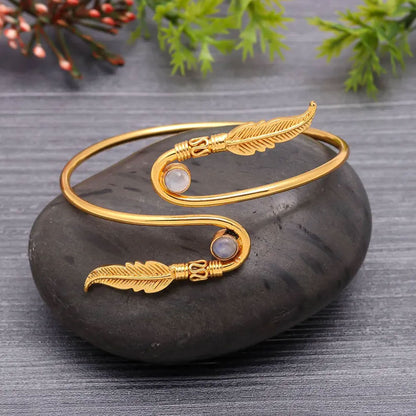 Boho Gold Feather Bypass Bangle with Moonstone Accents