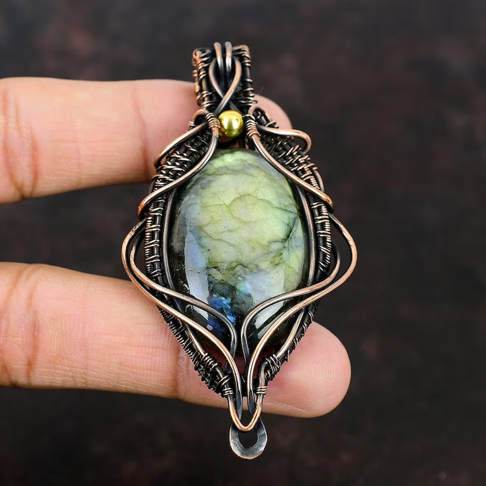 Trendy Handmade Copper Bezel With Wire Wrapped Pendant Round Shape 25To30MM Labradorite Gemstone Pendant For Happy Birthday Gift's