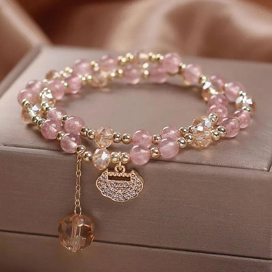 Handmade Brass Bracelet with Rutile Quartz & Pink Chalcedony | 8MM