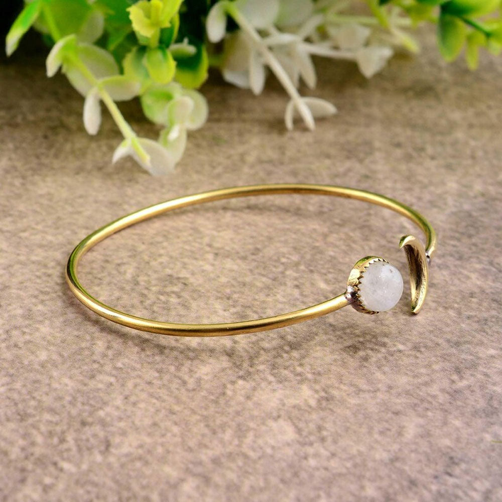 Gold Moon & Star Bangle - Moonstone Celestial Bracelet